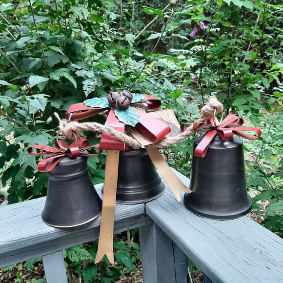 **Old World Galvanized Christmas Bells With Bows Decorative Accents - Picture 8 of 14